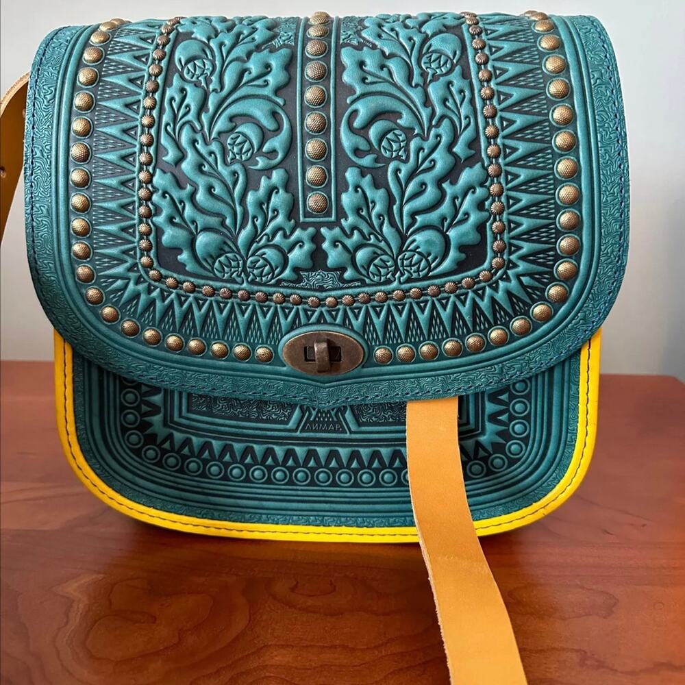 Yellow Blue Leather Embossed Purse Turnlock Large Crossbody